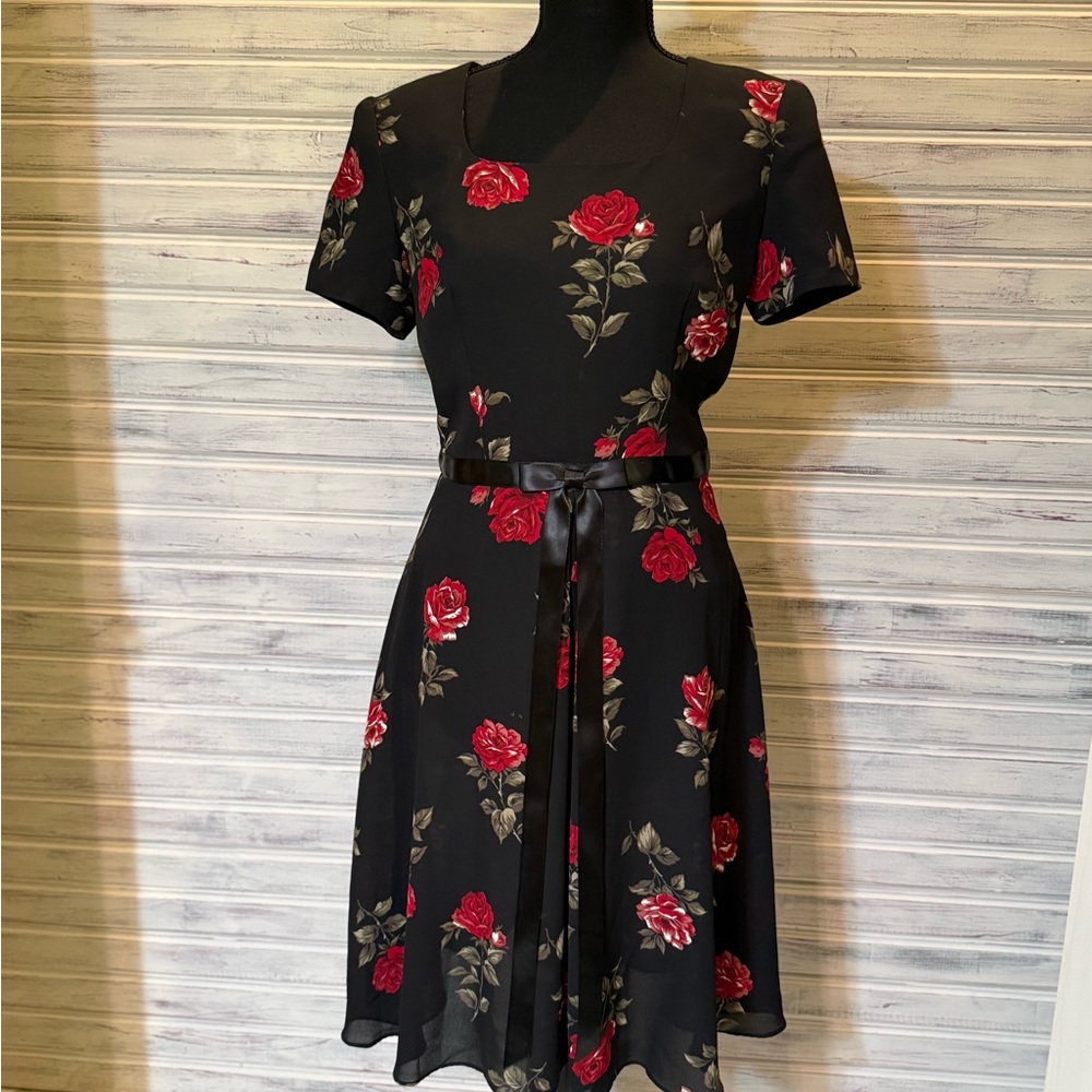 Talbots Floral Black Dress with Red Accents